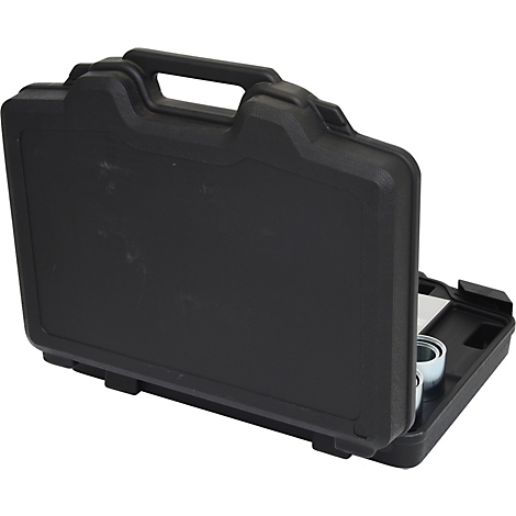 Schwarzer Werkzeugkoffer, teilweise geöffnet, mit Griff. Im offenen Fach sind Werkzeuge sichtbar.